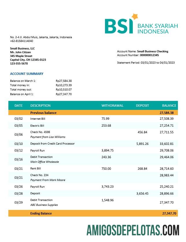 Baixável BANK Syariah Indonesia Organization Checking modelo de extrato de conta Word e PDF